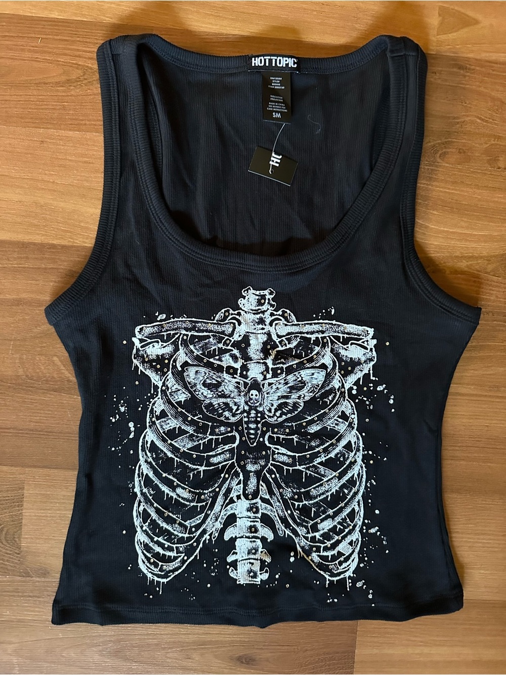 Hot Topic Black Ribbed Tank with White Ribcage & Moth Print